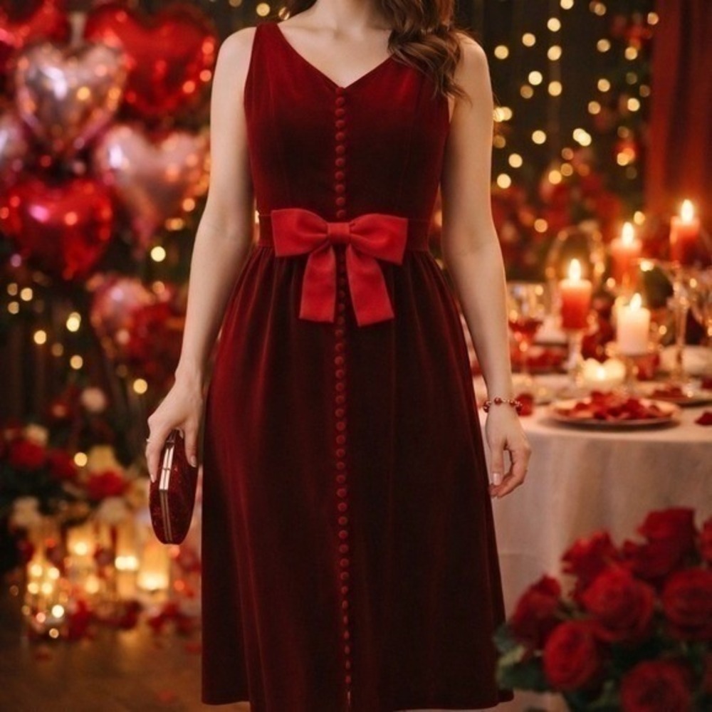Red Velvet Bow Midi Dress Romantic Date Night Party Formal‎ Size XS/S